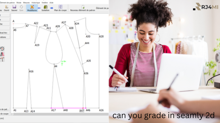 Screenshot of a pattern drafting interface in Seamly2D software, showing a technical drawing of a garment pattern on the left, with a designer working at a desk on the right. Text reads 'can you grade in Seamly2D