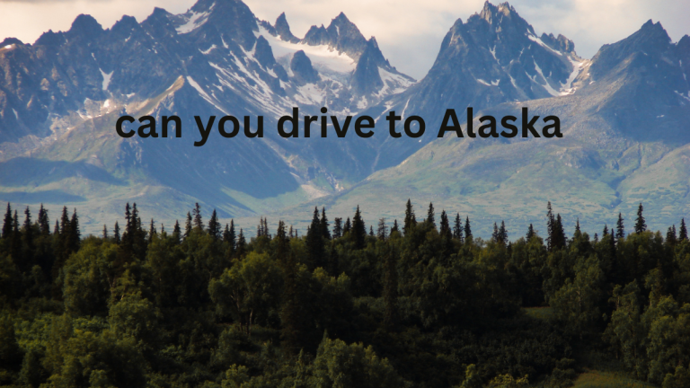 A breathtaking view of Alaska's snow-capped mountains and forests with the question 'can you drive to Alaska' prominently displayed