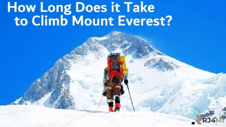 Mountain climber ascending snow-covered Mount Everest under a clear blue sky, illustrating the question 'how long does it take to climb Mount Everest.