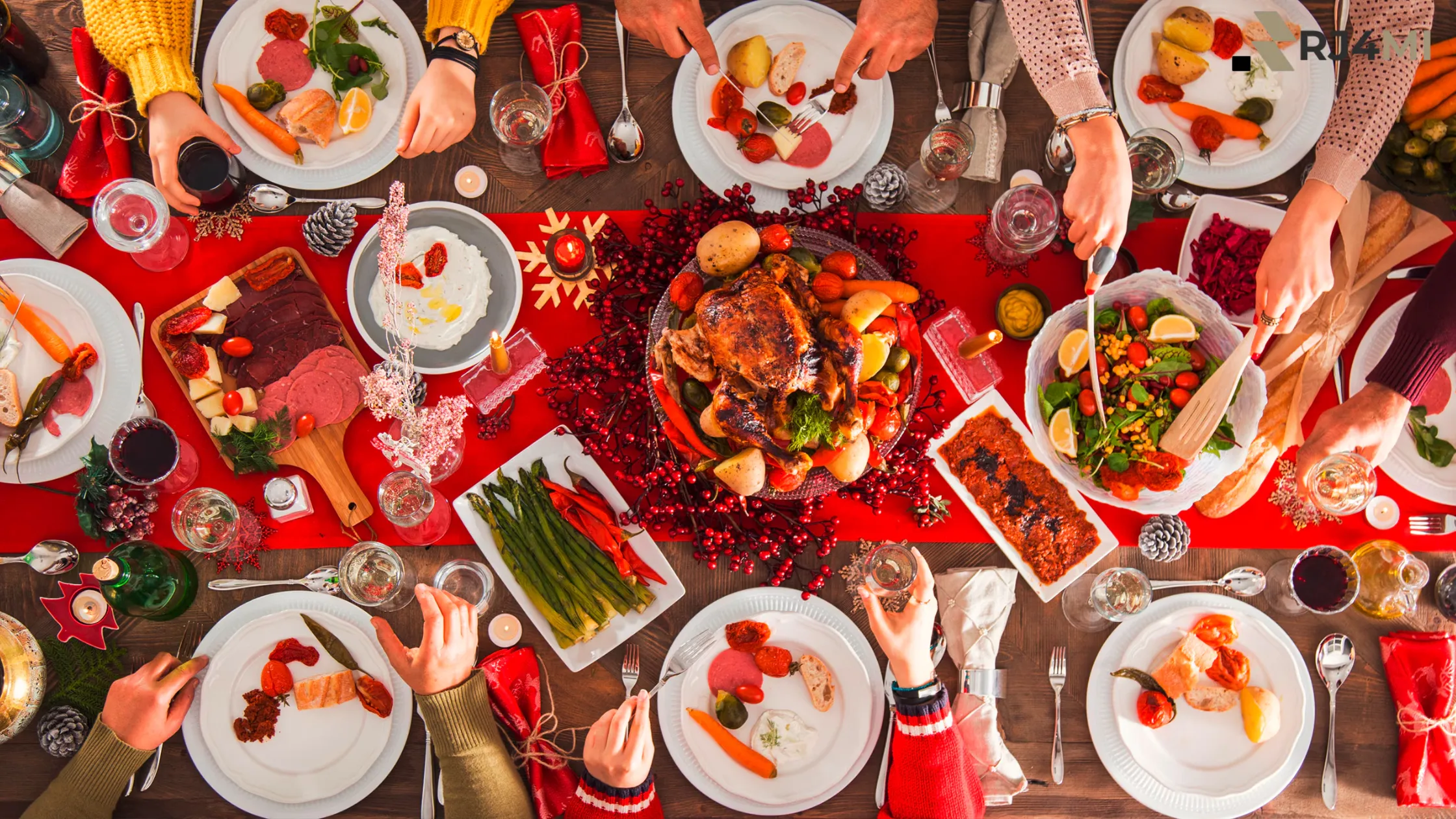 A family-style dinner in the Philippines with roast chicken, vegetables, and drinks, representing festive food traditions.