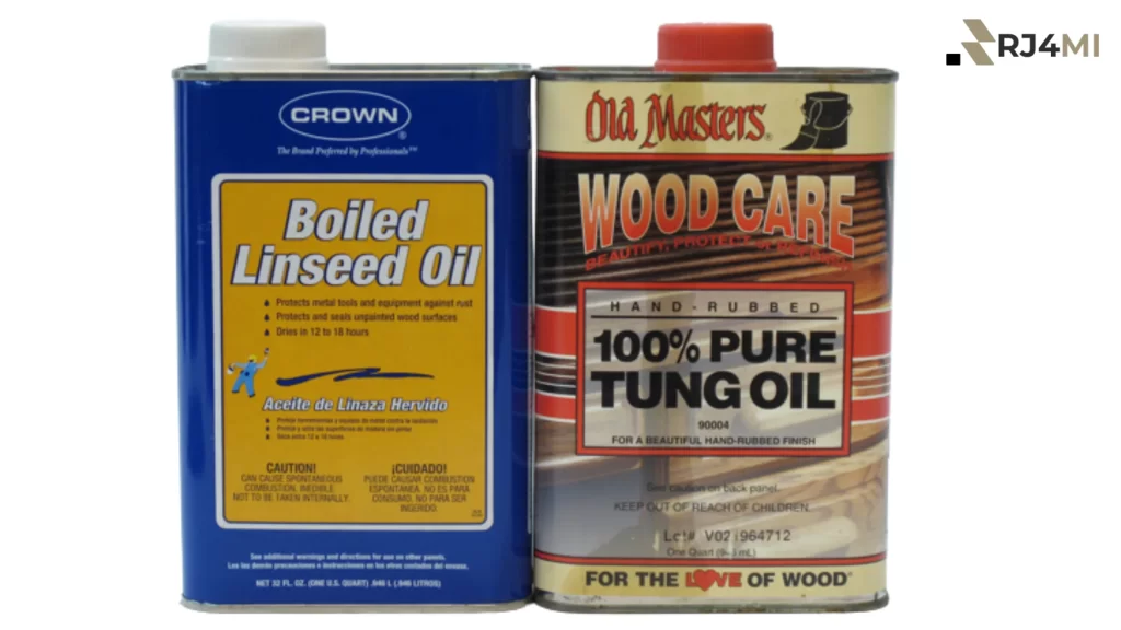 Cans of boiled linseed oil and pure tung oil for wood care and protection.