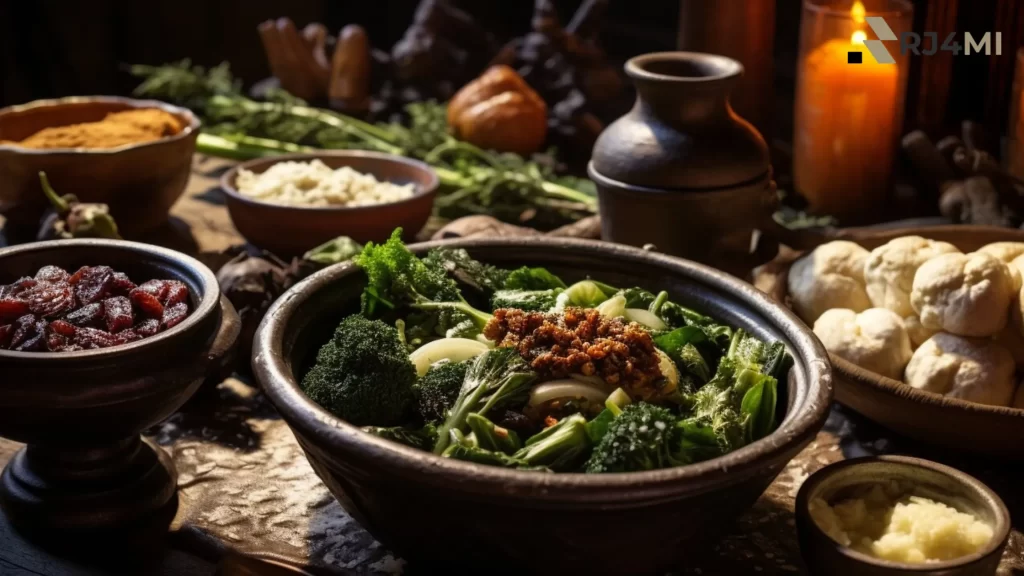 A medieval-style feast with green vegetables, bread, and spices in rustic bowls, showcasing the Primary Source of Middle Ages Food Recipes.