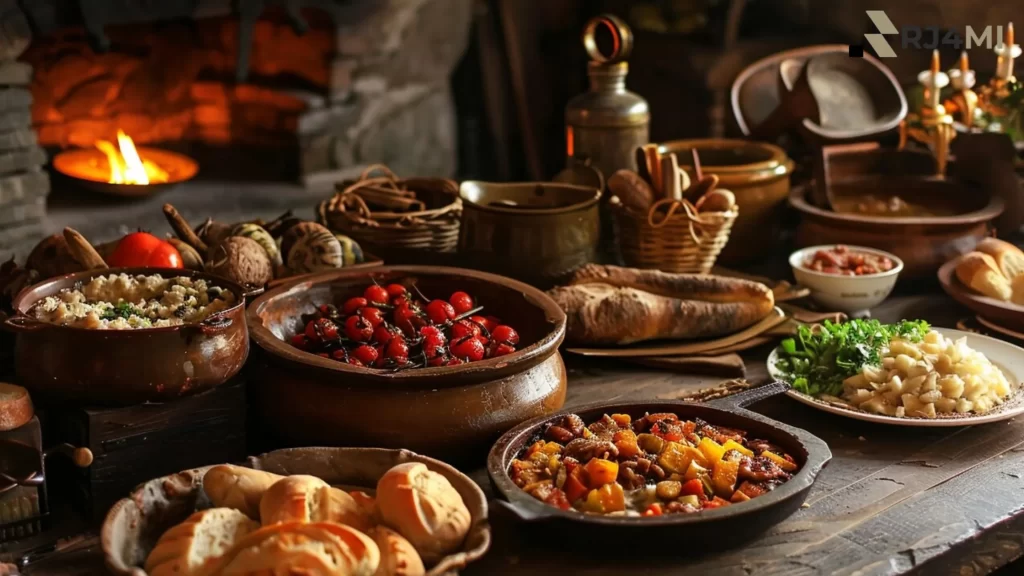 A medieval dining table with roasted fruits, stews, and bread near a warm fireplace, representing a Primary Source of Middle Ages Food Recipes.