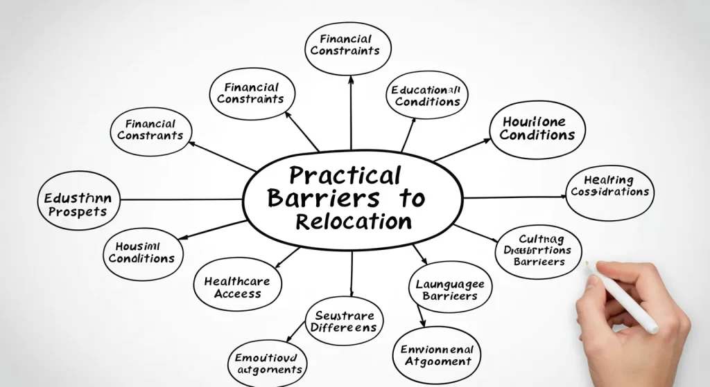 A mind map illustrating "what barriers prevent relocation," including factors like financial constraints, housing conditions, healthcare access, and cultural differences, highlighting practical barriers to moving.