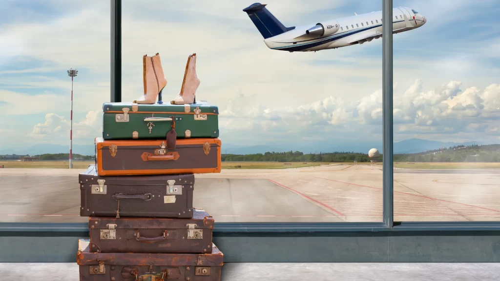 A stack of vintage suitcases with high heels, symbolizing the question "what barriers prevent relocation" for people in areas dependent on ecosystems like goat fiber.