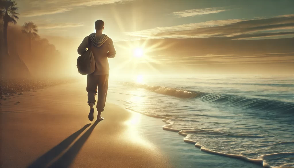 A person walking on a beach at sunrise, representing a journey of healing from abandonment, asking "Why Have You Abandoned Me?"